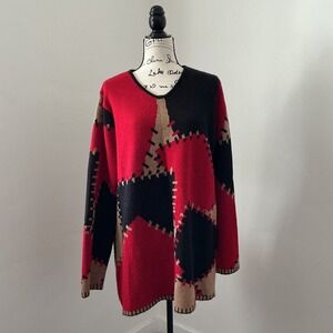 Vintage LEA Apparel Geometric Knit Sweater –‎ Red Black Tan Patchwork Cozy Retro